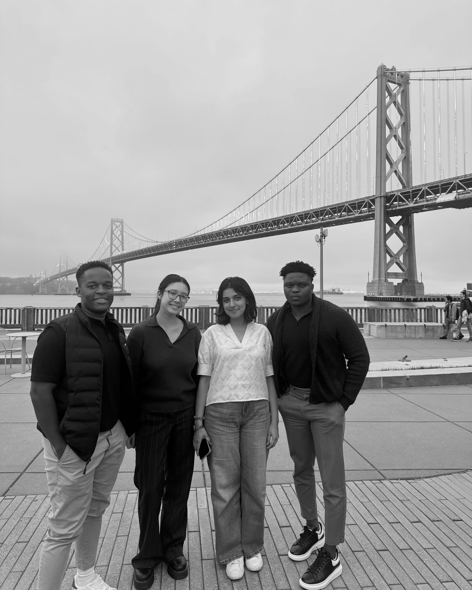 The Ocular AI team on the Embarcadero in San Francisco, with the Bay Bridge behind them